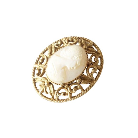 Vintage Signed FLORENZA Cameo Pin Brooch Gold Tone Genuine Carved Shell Cameo - Picture 1 of 4